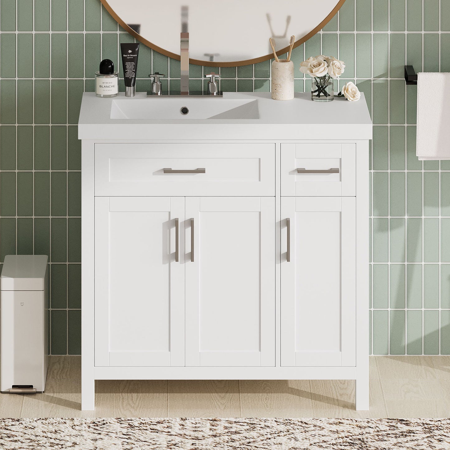 Bathroom Vanity Cabinet With Resin Integrated Sink - 2 Drawers, 3 Doors