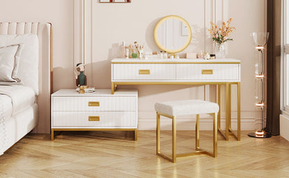 Modern Style Vanity Table With Movable Side Cabinet And 4 Drawers, Large Size Dressing Table With Mirror And 3 Colors Led Light, Makeup Table With Stool - White / Golden