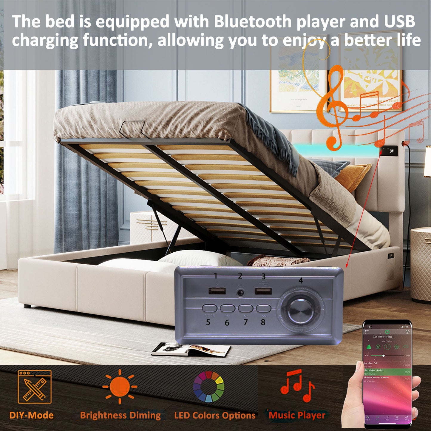 Queen Size Upholstered Bed With Led Light - Bluetooth Player And USB Charging, Hydraulic Storage Bed