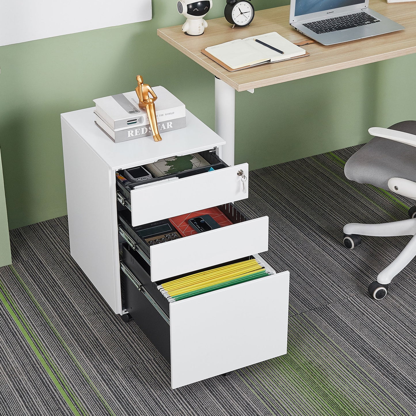 3 Drawer Mobile File Cabinet With Lock Steel File Cabinet For Legal / Letter / A4 / F4 Size, Home / Office Design