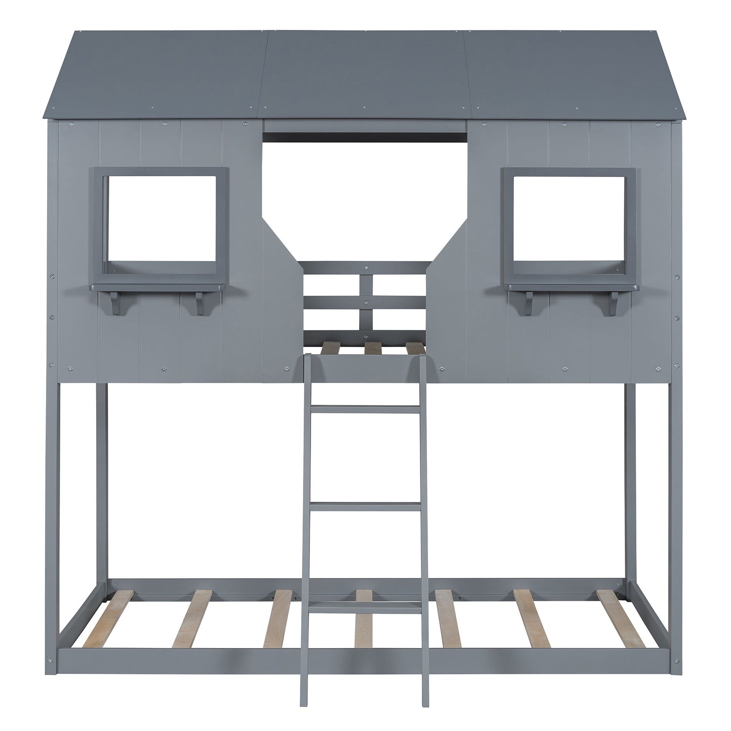 78" Twin Over Twin Bunk Bed Wood Bed With Roof, Window, Guardrail, Ladder - Gray