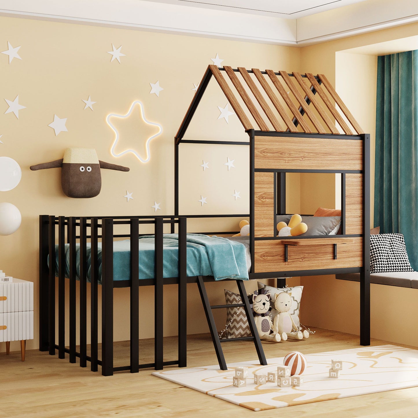 Twin Size Loft Bed With Roof, Window, Guardrail, Ladder