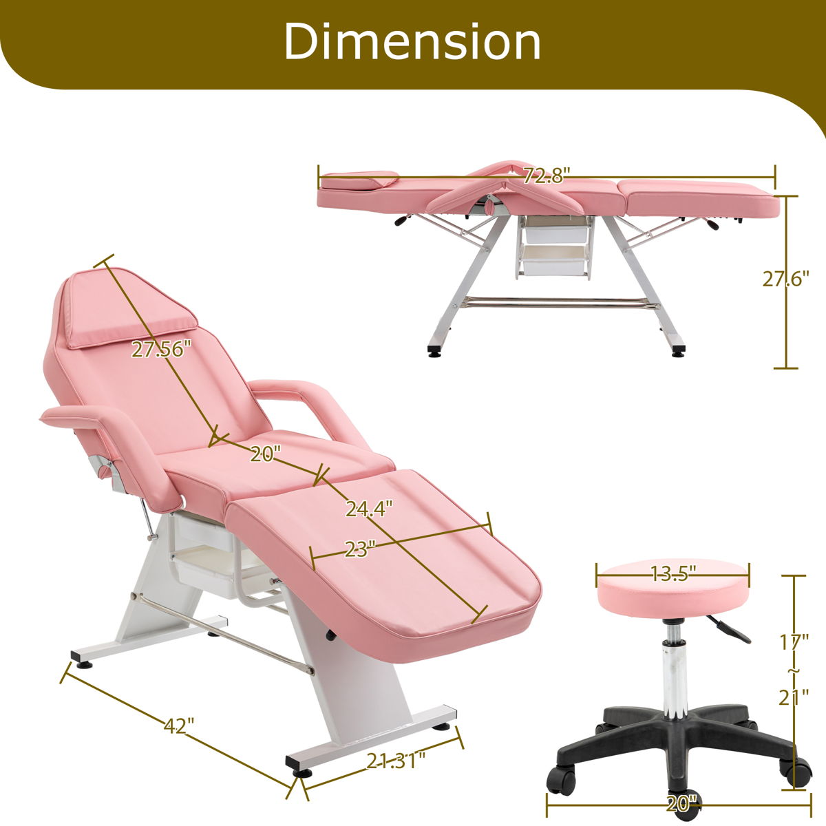 Massage Salon Tattoo Chair With Two Trays Esthetician Bed With Hydraulic Stool, Multi-Purpose 3-Section Facial Bed Table, Adjustable Beauty Barber Spa Beauty Equipment