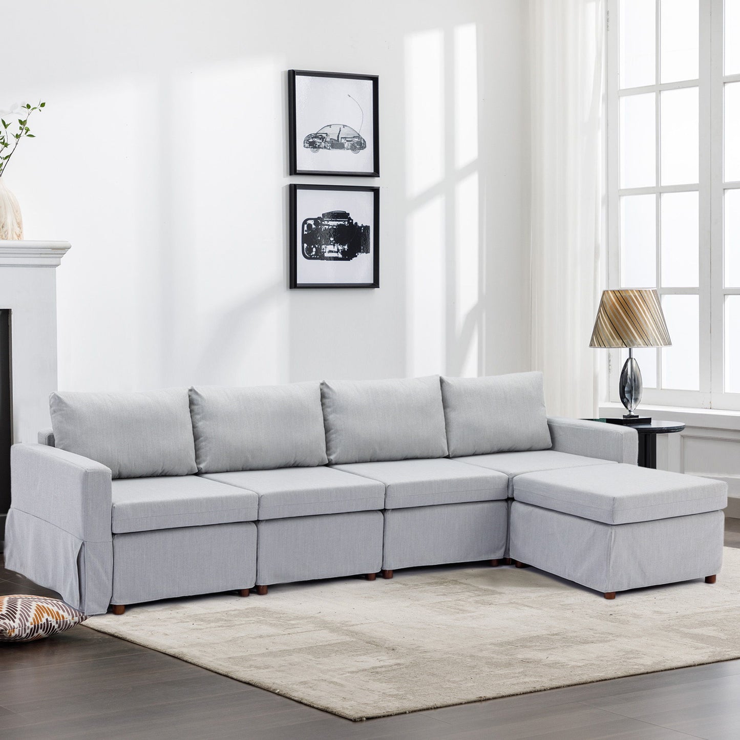 4 Seat Module Sectional Sofa Couch With 1 Ottoman For Living Room, Seat Cushion And Back Cushion Non-Removable And Non-Washable