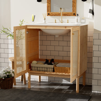 Bathroom Vanity Crafted From Natural Materials, Featuring Handmade Rattan Doors And Soft-Closing Mechanisms - Light Brown