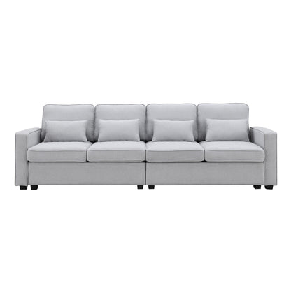 4 Seater Modern Linen Sofa With Armrest Pockets And 4 Pillows, Minimalist Style Couch For Living Room