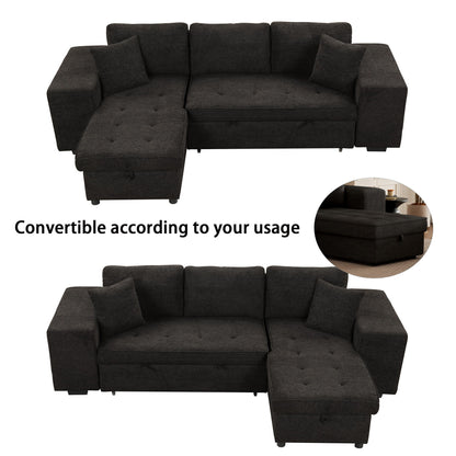 Modern L-Shape 3 Seat Reversible Sectional Couch, Pull Out Sleeper Sofa With Storage Chaise And 2 Stools For Living Room Furniture Set