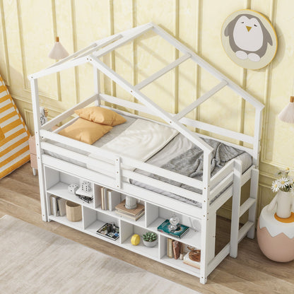 House Loft Bed With Roof Frame, Under Bed Shelving Storage Unit, Guardrails, Ladder