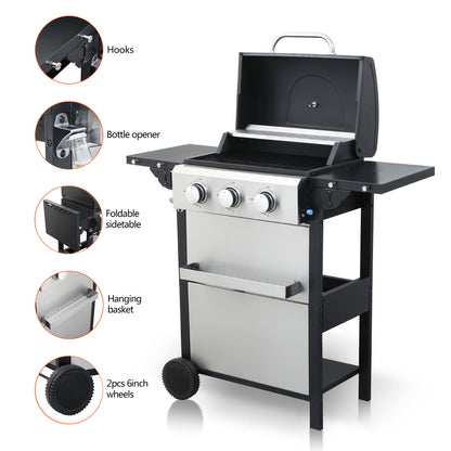 3 Burner Propane Gas Bbq Grill, 25650Btu Output With Wire Enamel Cooking Grids For Outdoor Barbecue, Foldable Side Table, Stainless Steel - Black / Silver