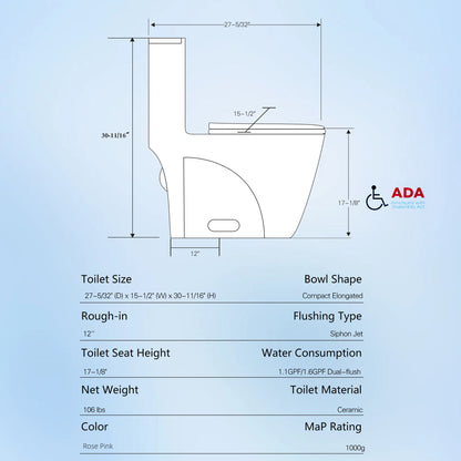 1.1 / 1.60 Gpf Dual-Flush One Piece Toilet, Water-Saving Elongated Comfort Height Floor Mounted, Soft Close 1000 Gram Map Flushing Score Toilet 23T01-Rs - Rose