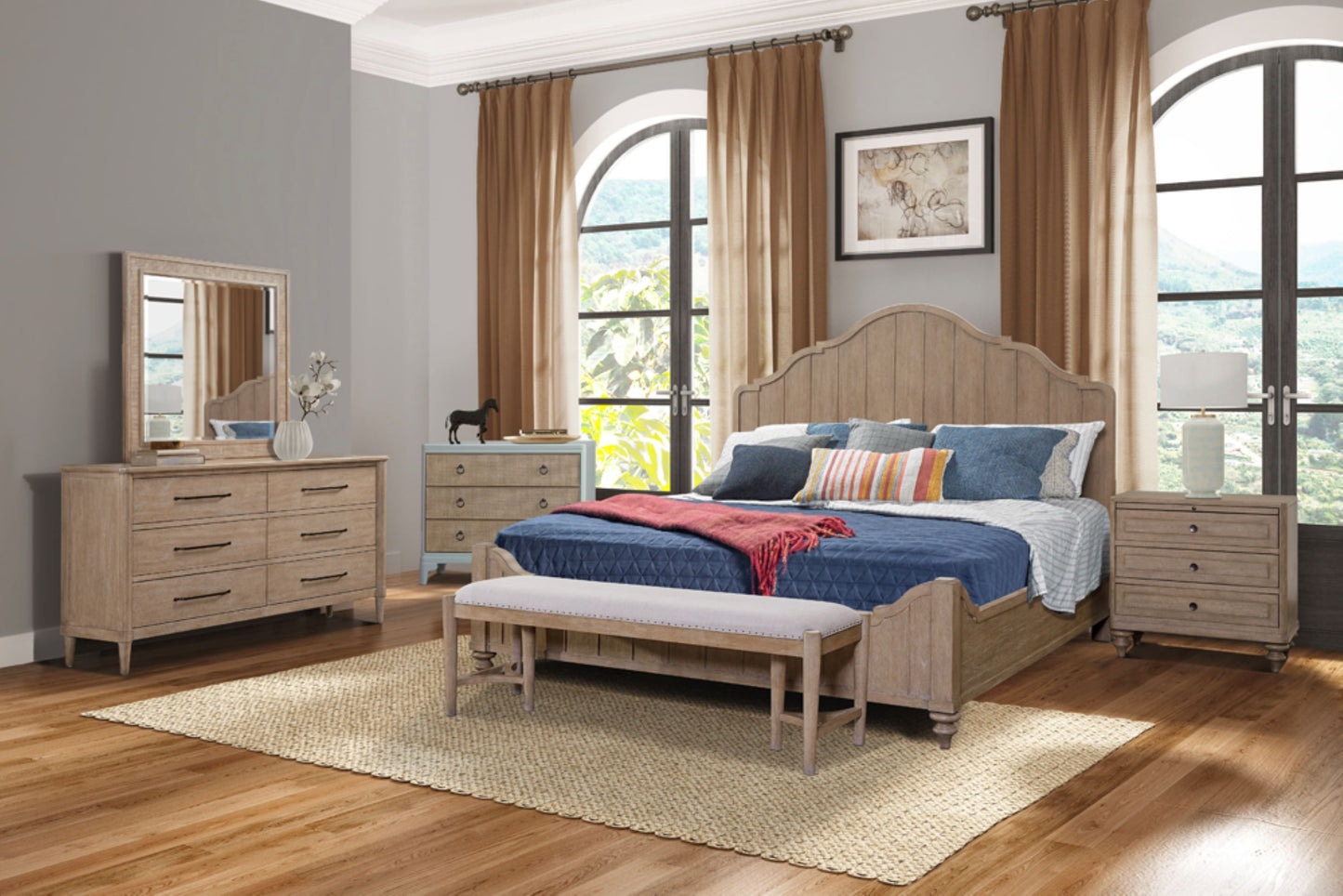 Queen Panel Bedroom Set With 3 Drawer Nightstand, Casual Dresser, Cane Mirror, 3 Drawer Cane Front Chest And Bench - Sand