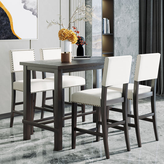 5 Piece Counter Height Dining Set, Classic Elegant Table And 4 Chairs - Espresso / Beige