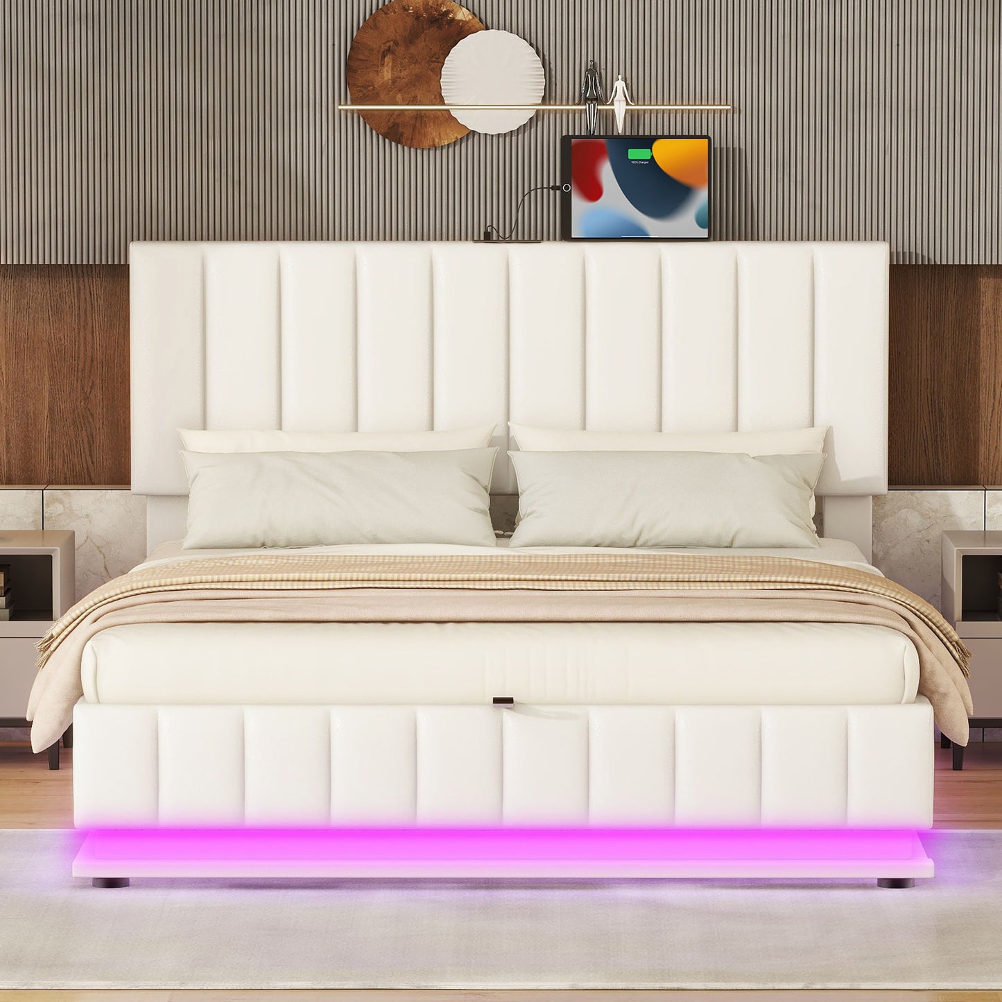 Queen Size Upholstered Bed With Hydraulic Storage System And LED Light, Modern Platform Bed With Sockets And USB Ports