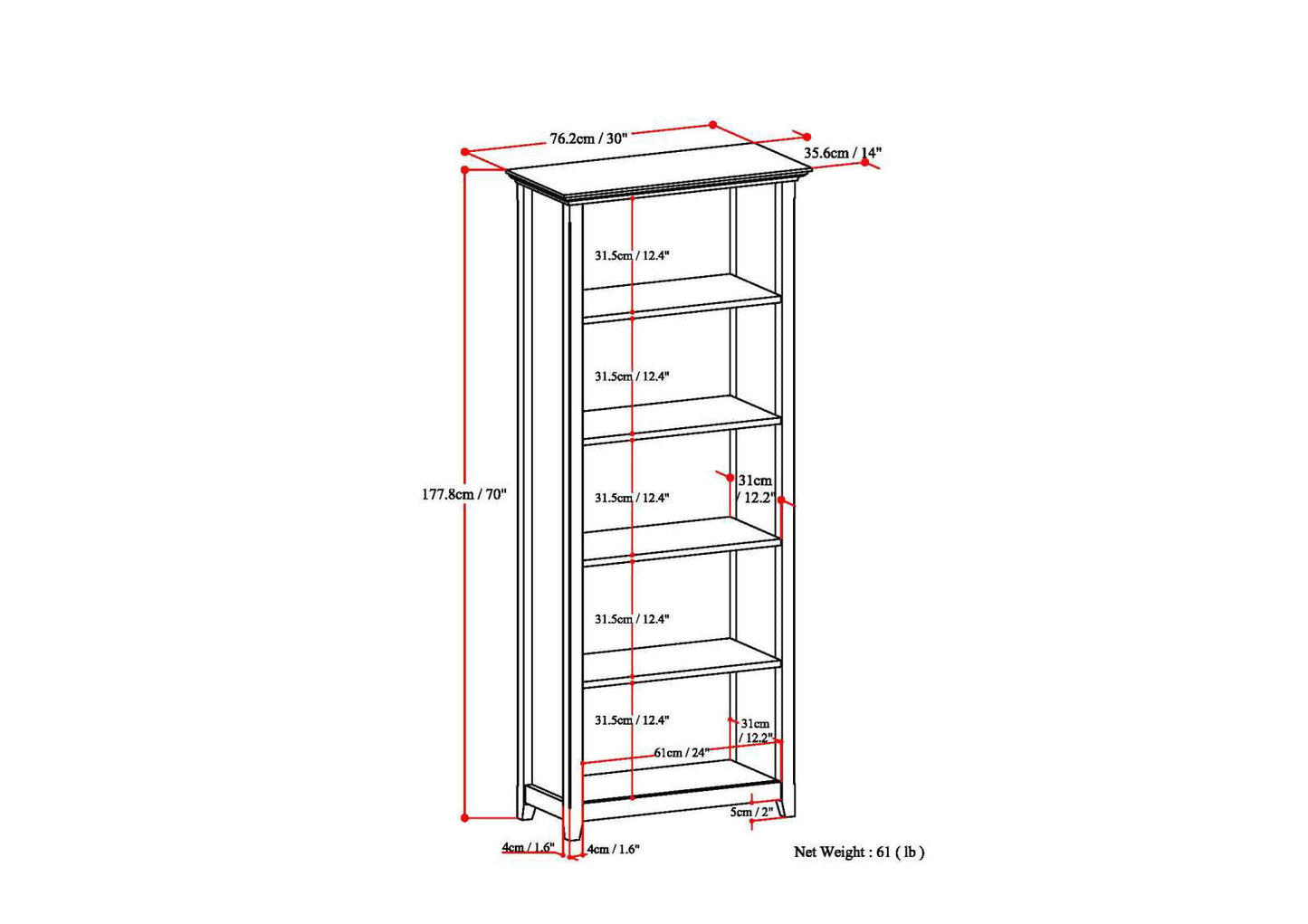 Amherst - 5 Shelf Bookcase, Handcrafted