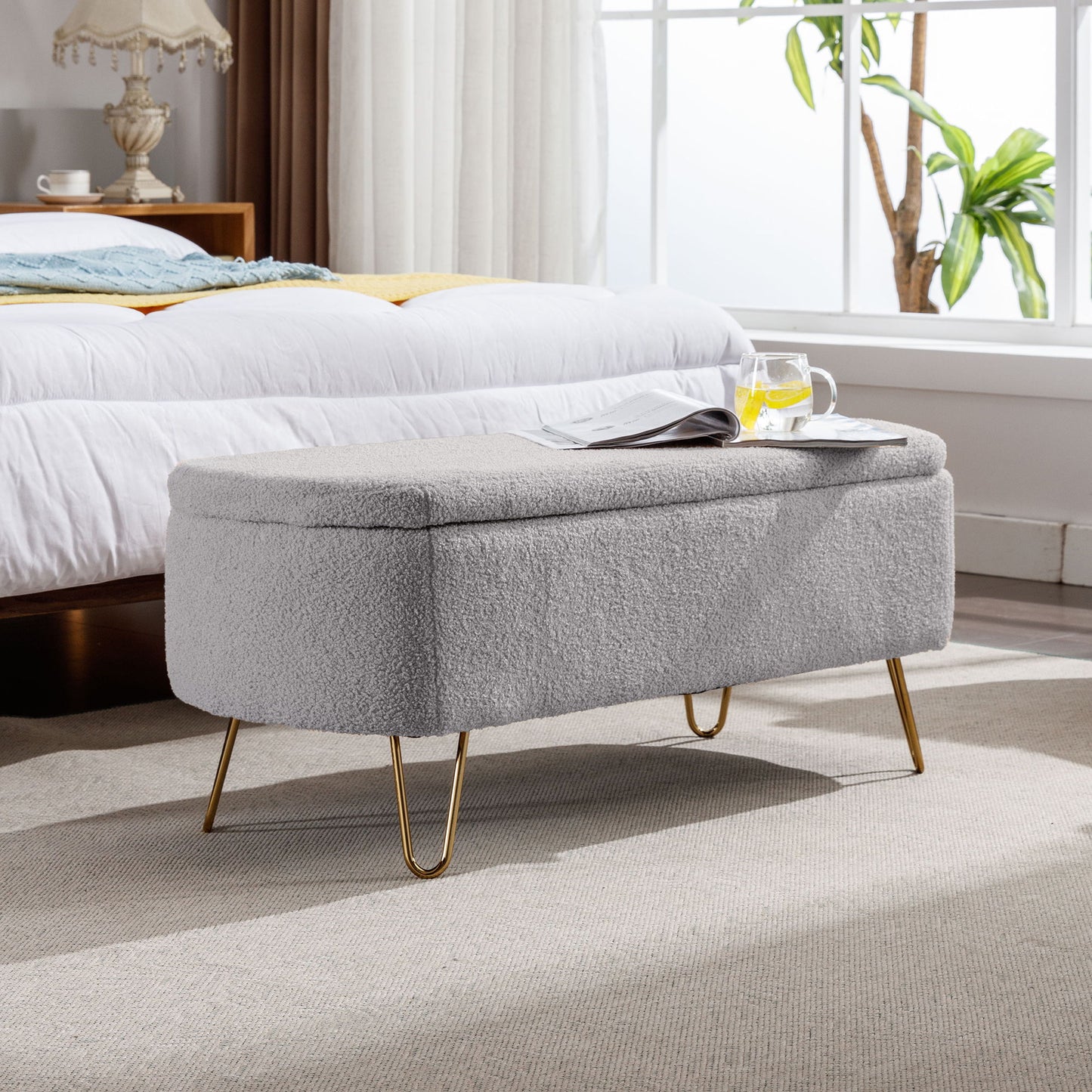 Storage Ottoman Bench For End Of Bed Gold Legs, Modern Camel Faux Fur Entryway Bench Upholstered Padded With Storage For Living Room Bedroom