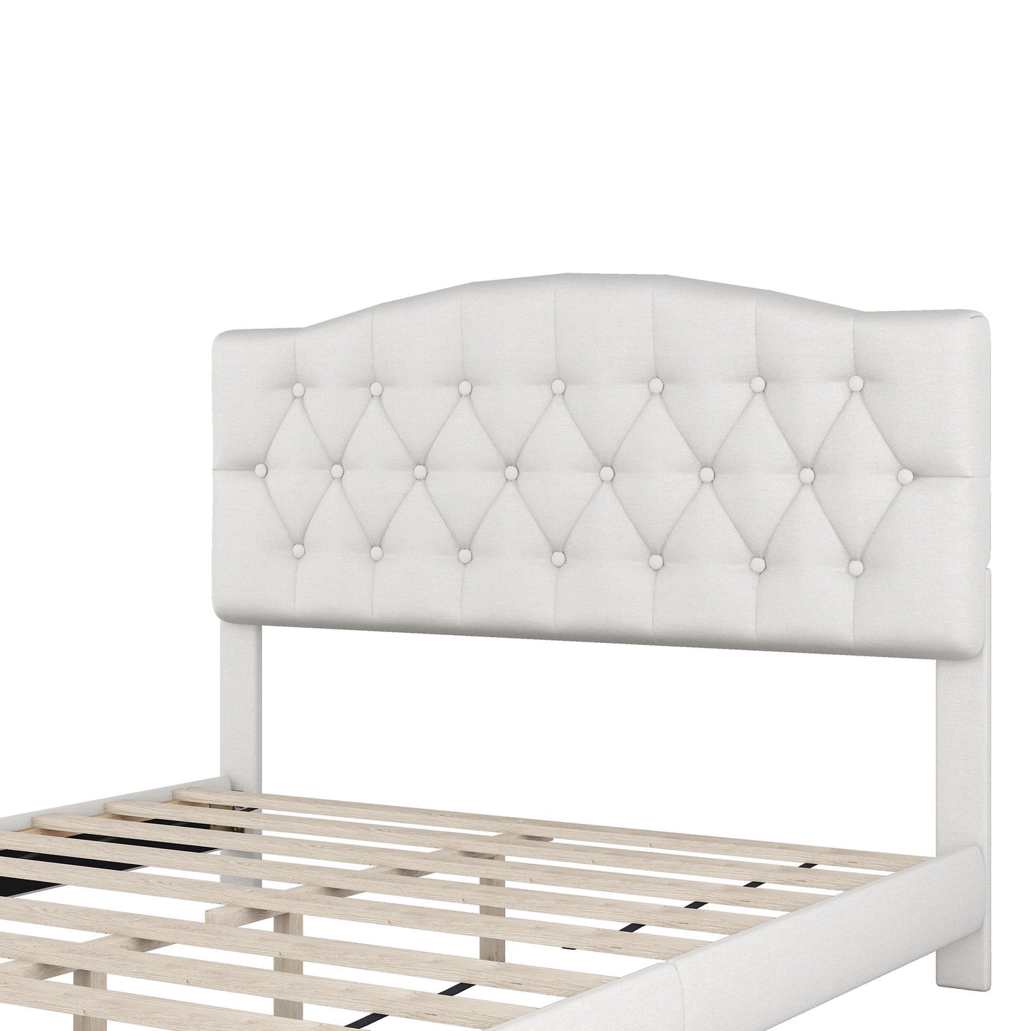 Queen Upholstered Platform Bed With Saddle Curved Headboard And Diamond Tufted Details - Beige