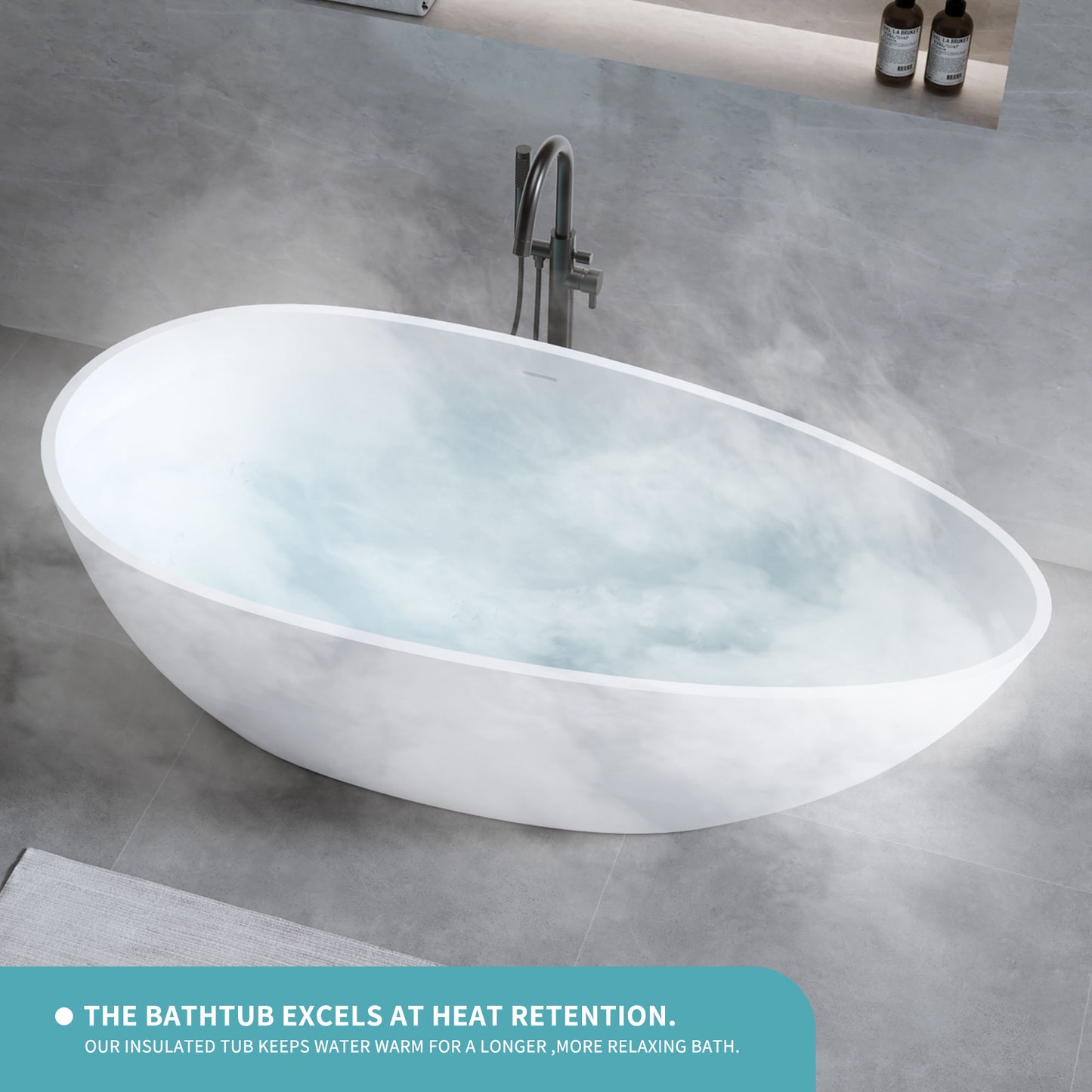 Solid Surface Matte Tub, Freestanding Solid Surface Resin Stone Bathtub, Solid Surface Matte White Soaking Tub, Free Standing Tub With Overflow And Pop-Up Drain - Matte White