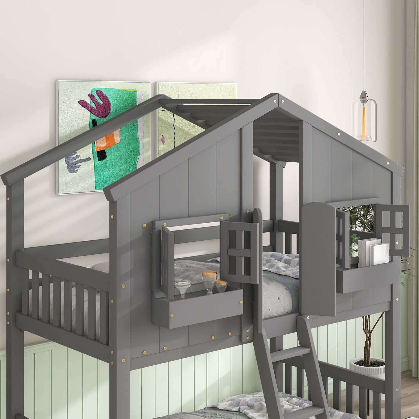 House Bunk Bed With Roof, Window, Window Box, Door, With Safety Guardrails And Ladder