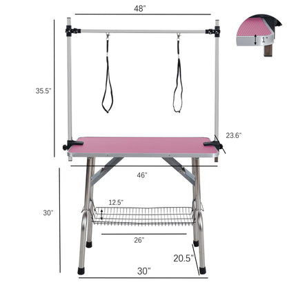 Folding Dog Pet Grooming Table Stainless Steel Frame Rubber Mat On Board With Adjustable Arm And Clamps Pet Dog Cat Grooming Table