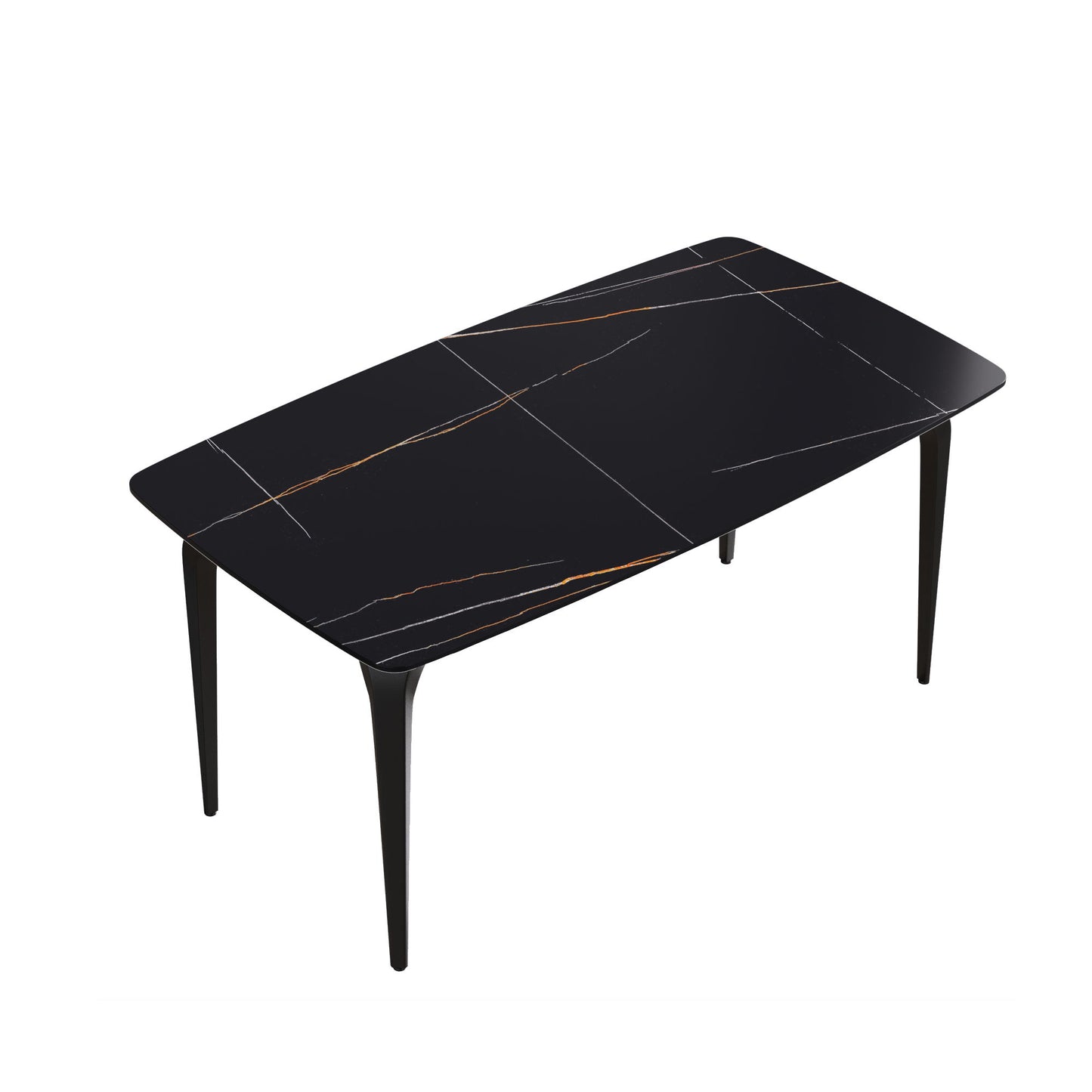 63" Artificial Stone Black Curved Black Metal Leg Dining Table, 6 People - Black