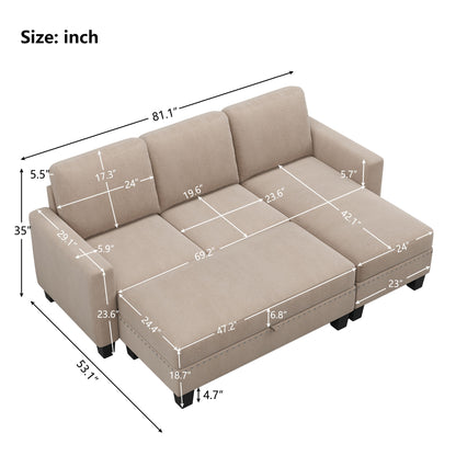 Reversible Sectional Couch With Storage Chaise L-Shaped Sofa For Apartment Sectional Set, Sectional Sofa With Ottoman, Nailhead Textured Linen Fabric 3 Pieces Sofa Set - Warm Gray