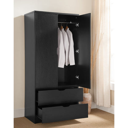 Wardrobe With Two Doors, Two Drawers - Black