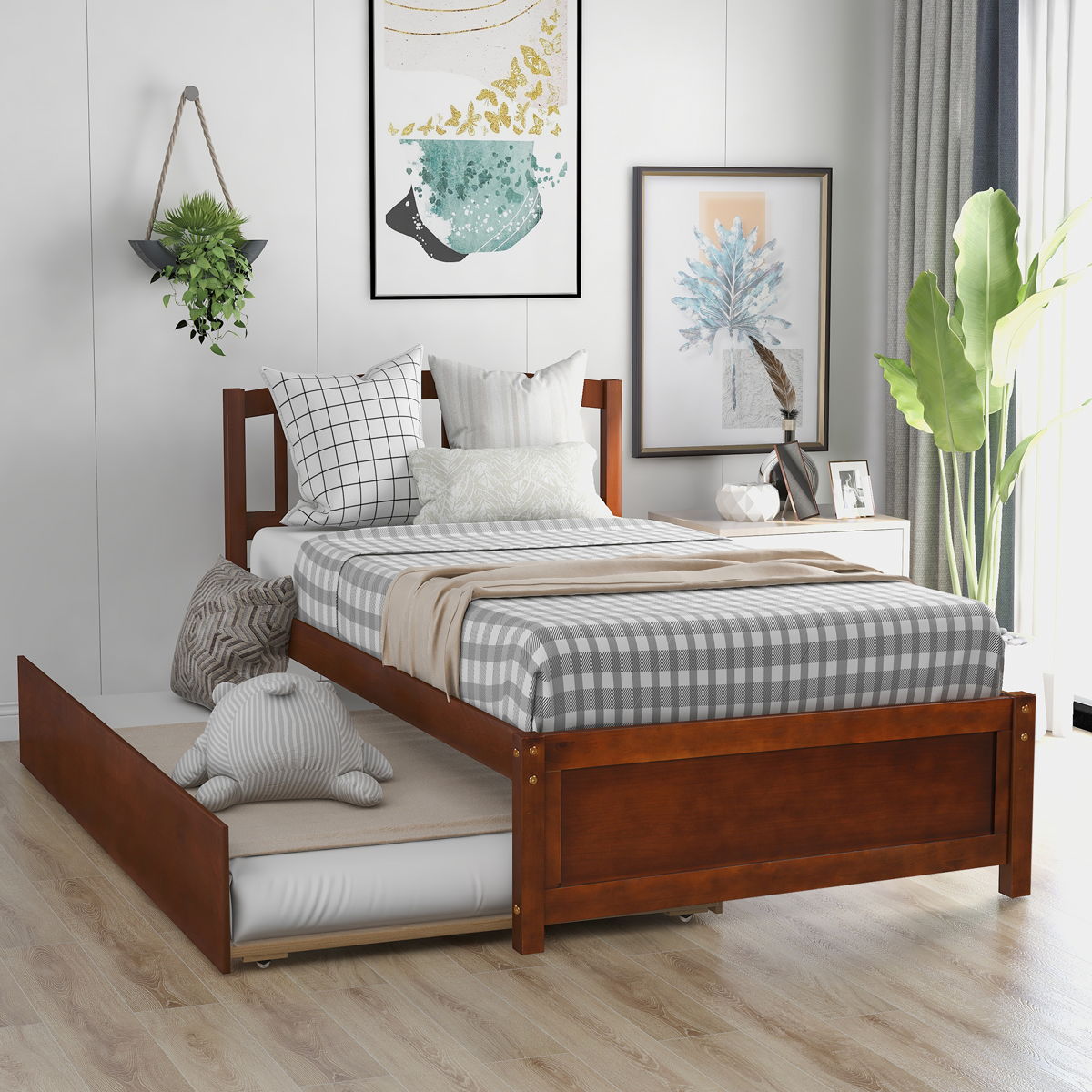 Twin Size Platform Bed Wood Bed Frame With Trundle