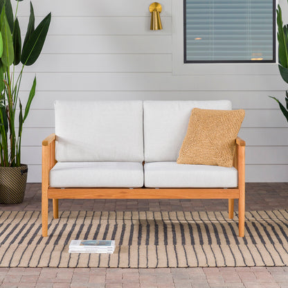 Contemporary Cushioned Eucalyptus Wood Patio Loveseat - Natural