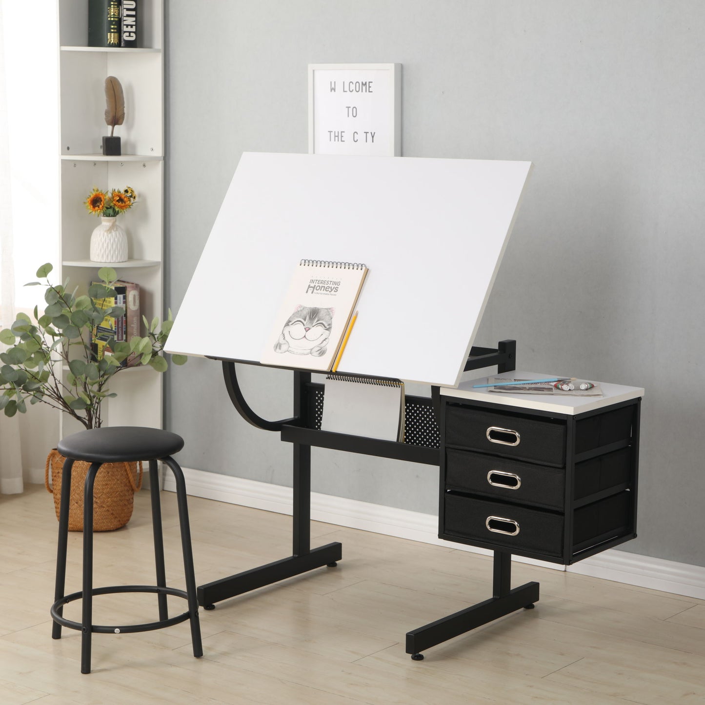 Adjustable Drafting Drawing Table With Stool And 3 Drawers - White / Black