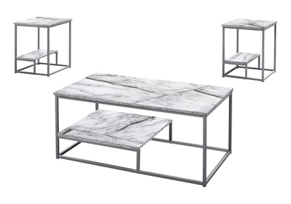 Table Set, Coffee, End, Side, Accent, Living Room, Marble Look Laminate, Contemporary, Modern (Set of 3)