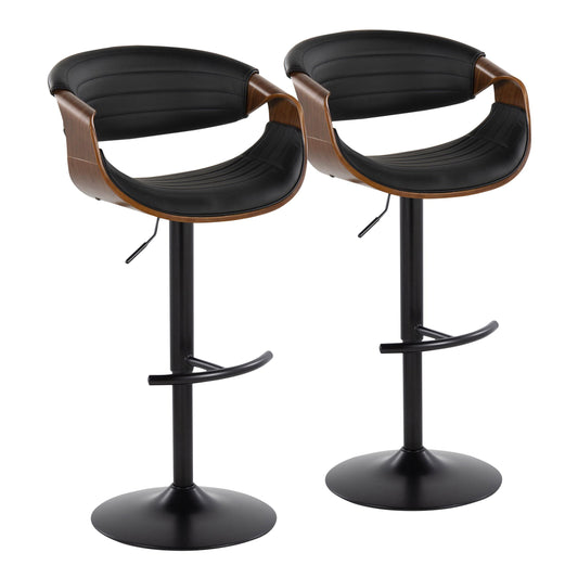 Symphony - Mid-Century Modern Adjustable Barstool With Swivel With Rounded T Footrest (Set of 2) - Black / Walnut / Black