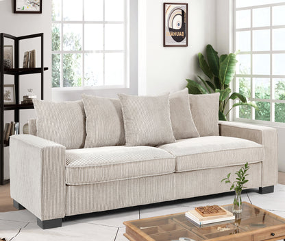 Luxe Corduroy Sofa With 5 Matching Toss Pillows, Sleek Design, Spacious And Comfortable 3 Seater Couch