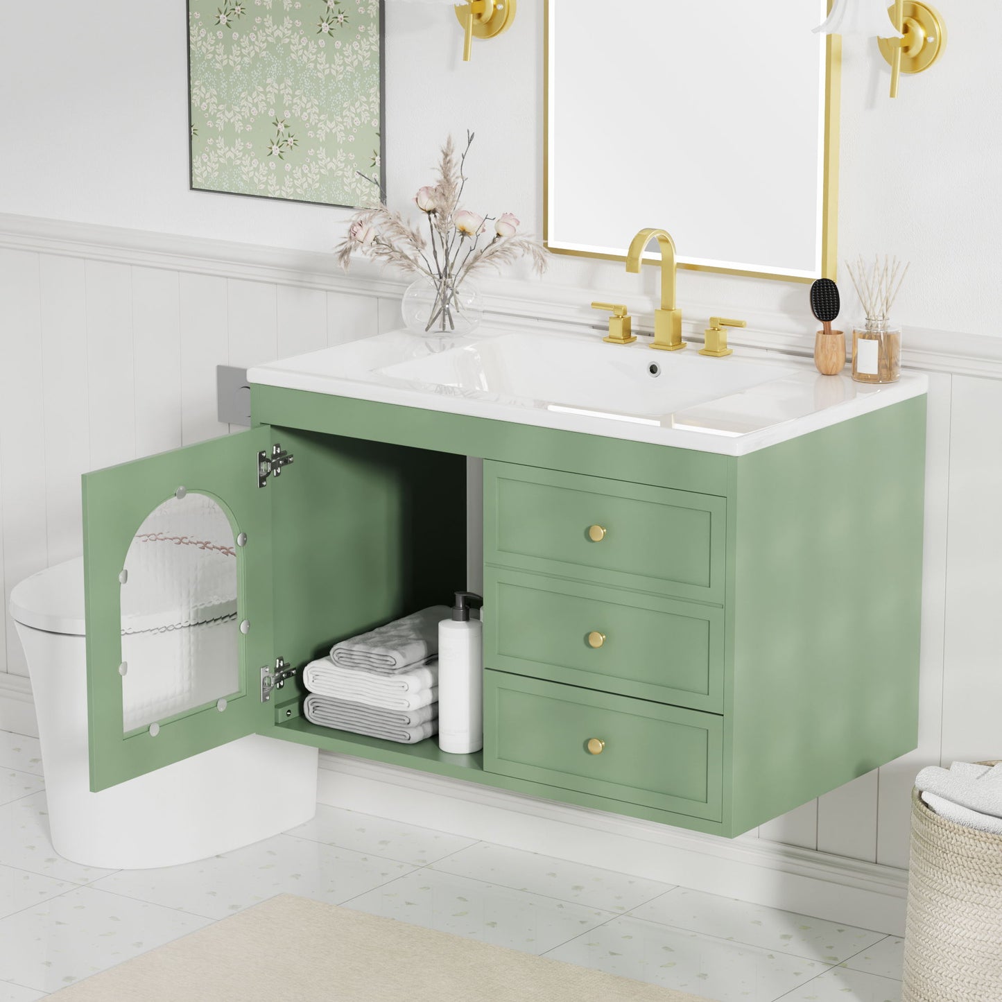 Elegant Floating Bathroom Vanity Sink And Cabinet Combo 1 Door And 2 Drawers - Green