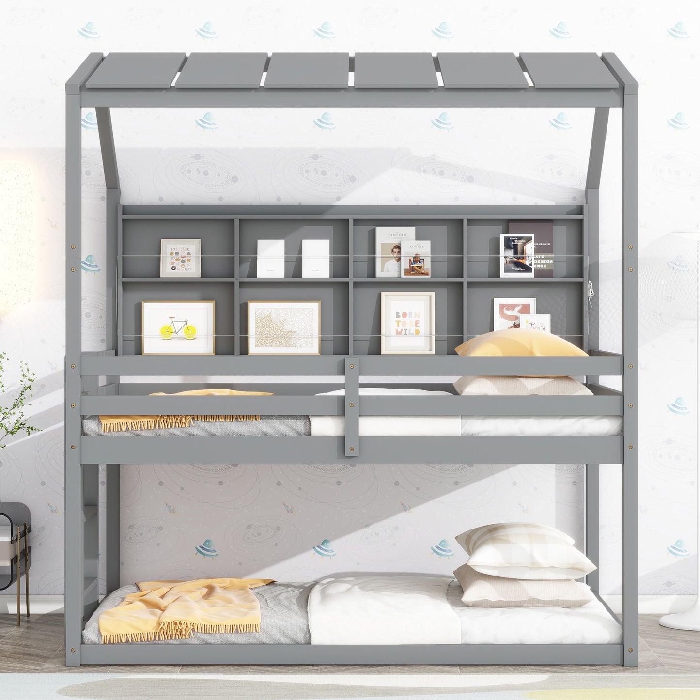 House Loft Bed With Guardrails, Semi-Enclosed Roof, Bedside Shelves And Ladder