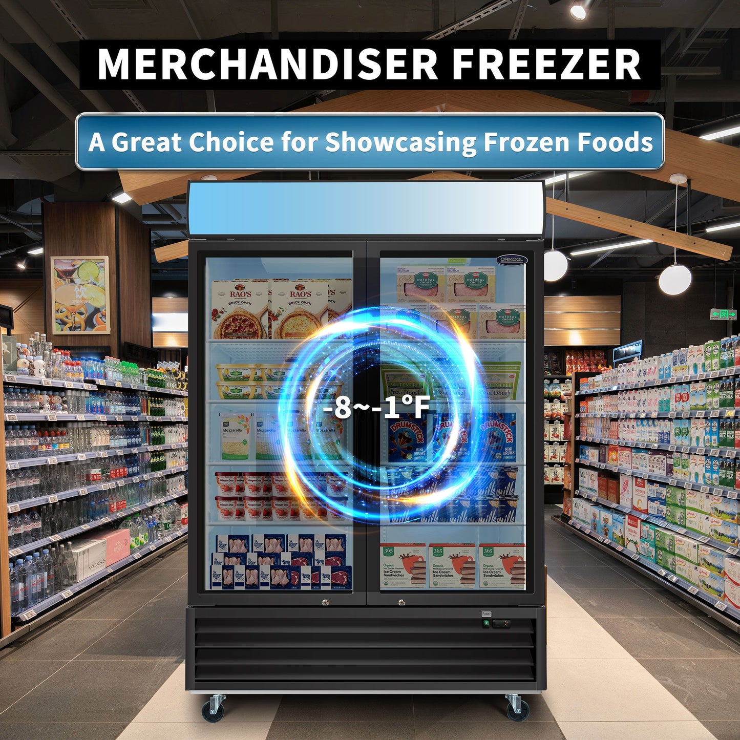 Glass Door Merchandiser Freezer Swing Door Commercial Reach-In Display Freezers With LED Top Panel Upright Freeze Storage