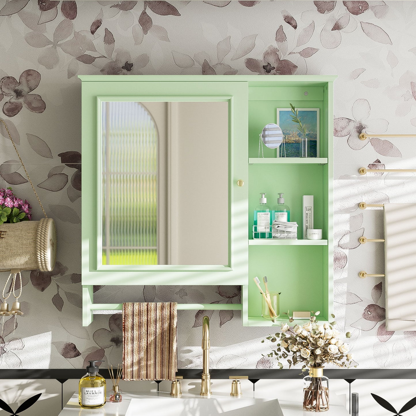 Wall Mounted Bathroom Storage Cabinet, Medicine Cabinets With Large Mirror Door, Adjustable Shelves And Three Open Storage Levels(Not Include Bathroom Vanity)