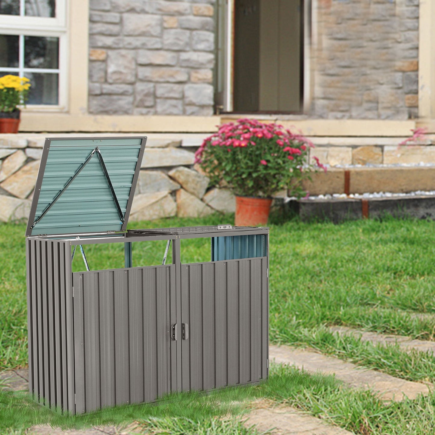 Garbage Bin Shed Stores 2 Trash Cans Metal Outdoor Bin Shed For Garbage Storage, Stainless Galvanized Steel, Bin Shed For Garden Yard Lawn