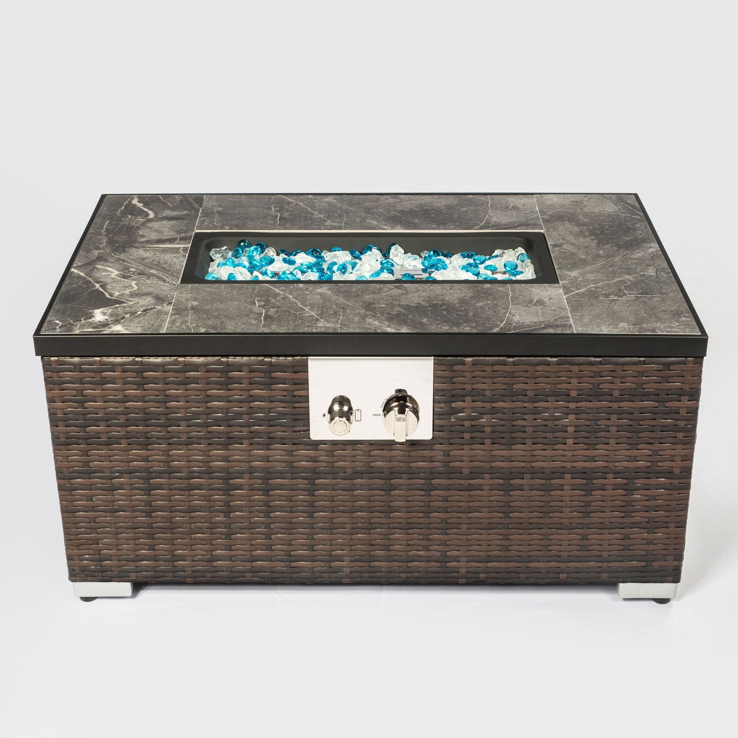 Outdoor Fire Table Propane Fire Pit Rattan Gas Fire Table, Gas Fire Table With Tile Tabletop - Brown