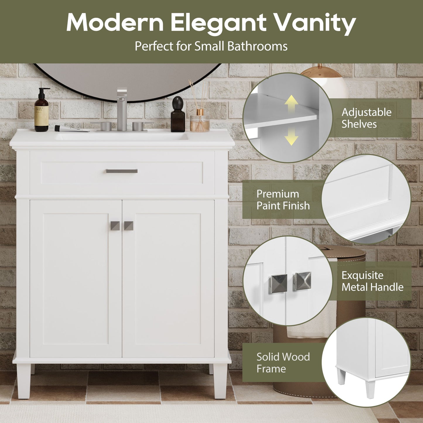 Bathroom Vanity With Ceramic Basin, Soft Close Door And Adjustable Shelves