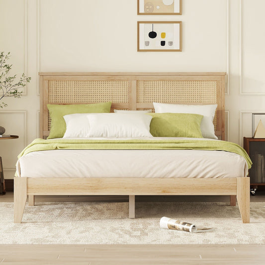 Queen Size Rubber Wooden, Solid Wooden Bed With Rattan Headboard, Enhanced By Support Feet - Natural