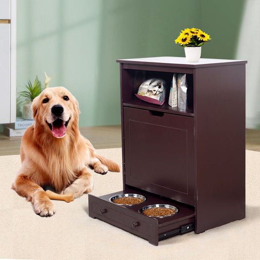 Pet Feeder Station With Storage, Waterproof Painted, Dog And Cat Feeder Cabinet With Stainless Bowl - Brown