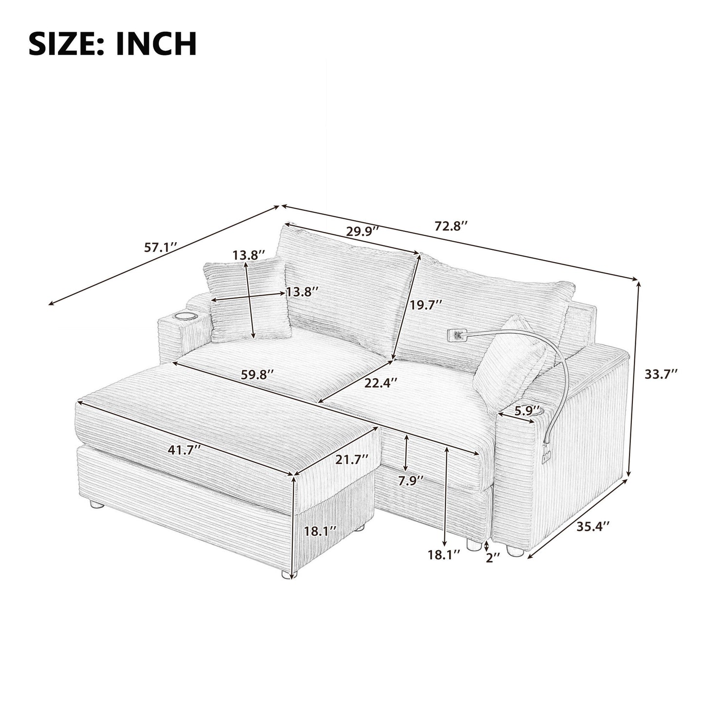 Modern Style Loveseat Sofa Sectional Sofa Couch With Storage Space, A Movable Ottoman, Two USB Ports, Two Cup Holders, A Phone Holder For Living Room