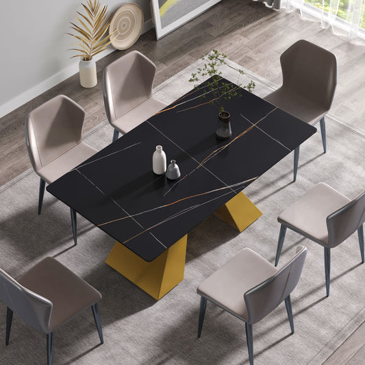 63" Modern Artificial Stone Black Straight Edge Golden Metal Leg Dining Table, 6 People - Black / Gold