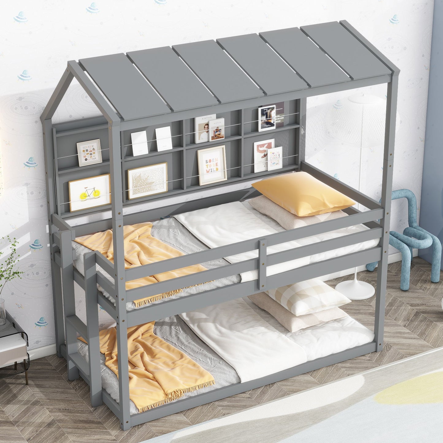 House Loft Bed With Guardrails, Semi-Enclosed Roof, Bedside Shelves And Ladder