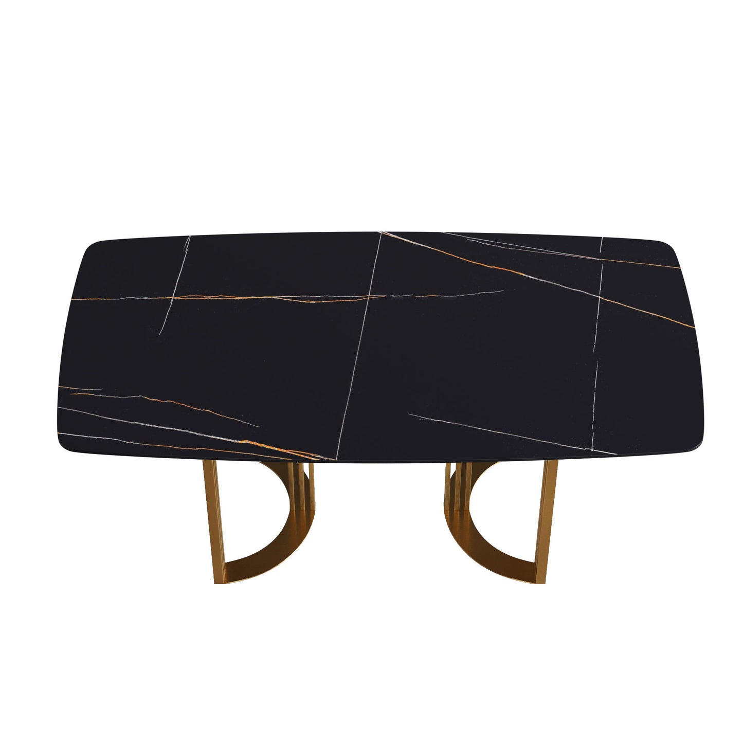 70.87" Modern Artificial Stone Black Curved Metal Leg Dining Table, Can Accommodate 6-8 People - Black / Gold