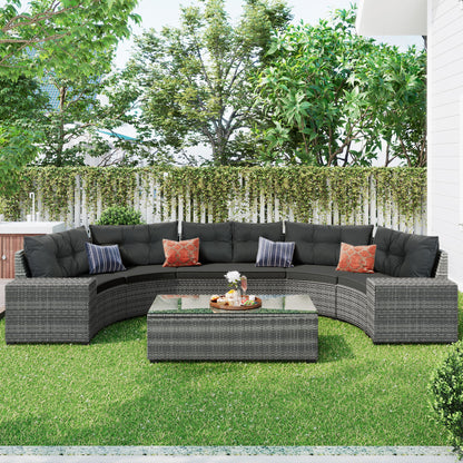 8 Pieces Outdoor Wicker Round Sofa Set, Half-Moon Sectional Sets All Weather, Curved Sofa Set With Rectangular Coffee Table, PE Rattan Water-Resistant And UV Protected, Movable Cushion