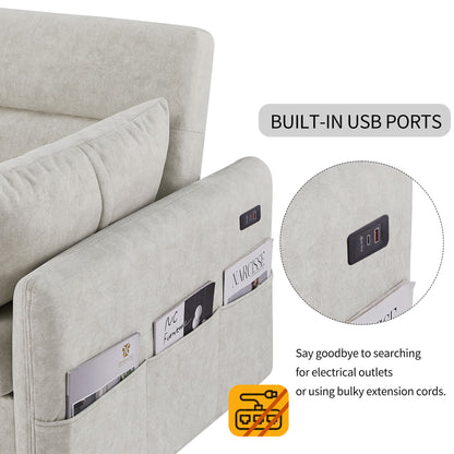 Pull Out Sleep Sofa Bed Loveseats Sofa Couch With Adjsutable Backrest, Storage Pockets, 2 Soft Pillows, USB Ports For Living Room, Bedroom, Apartment, Office