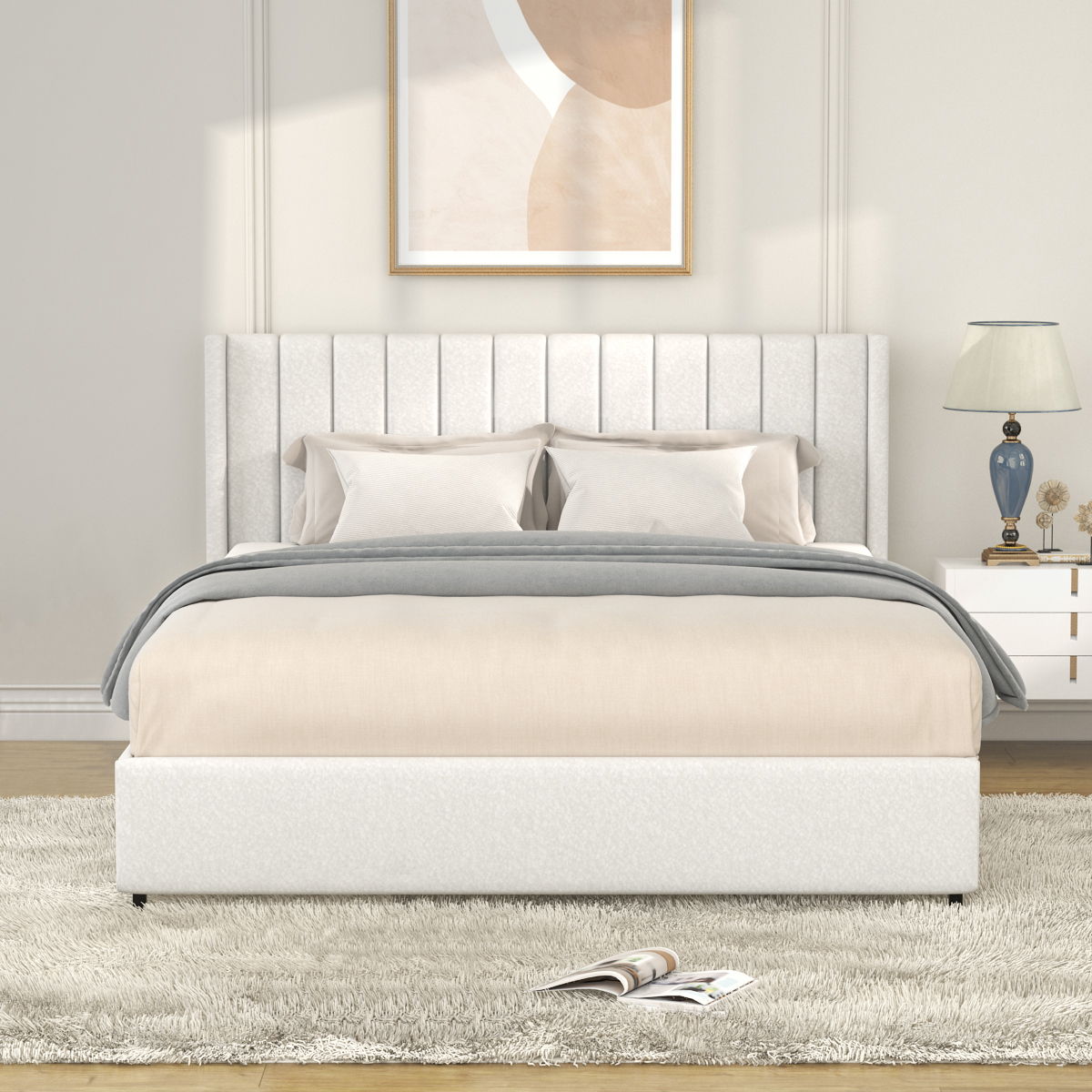 Anda - Boucle Upholstered Platform Bed With Patented Drawers Storage - Ivory