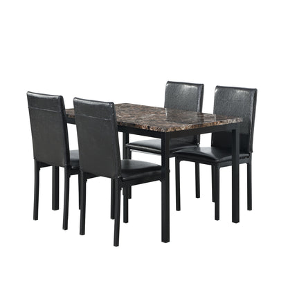 5 Piece Dinning Set With Faux Marble Top, Table & 4 Chairs - Black