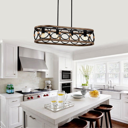 4 Light Rectangular Ellipse Pendant Lights Kitchen Island, Metal Farmhouse Kitchen Pendant Lights, Adjustable Height, Modern Industrial Chandelier For Living Room, Dining Room - Matte Black / Natural